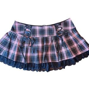 Widow Dolls Kill Plaid Mini Skirt Womens 2X Pink Black Lace Trim Goth Y2K